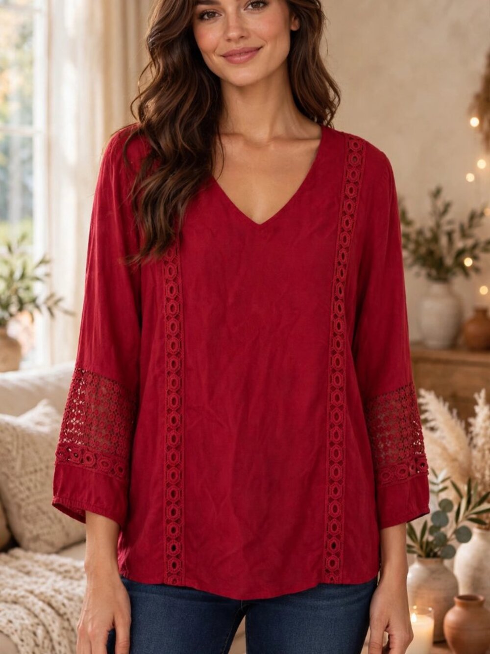 1X Cranberry Red Crochet Lace Boho Blouse V Neck 3/4 Sleeves Womens